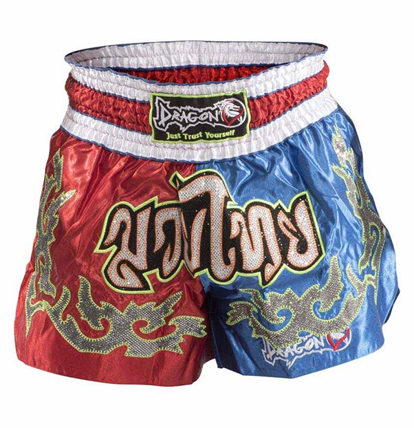 Nakışlı Muay Thai Şort Kırmızı-Mavi