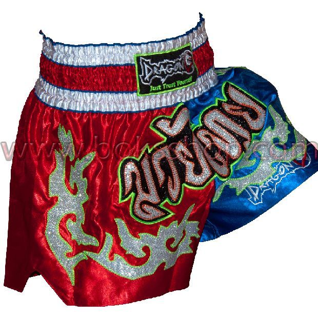 Nakışlı Muay Thai Şort Kırmızı-Mavi Small (S)